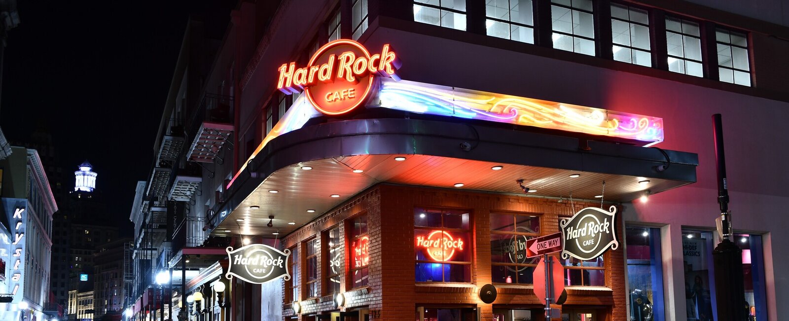 a building with neon signs