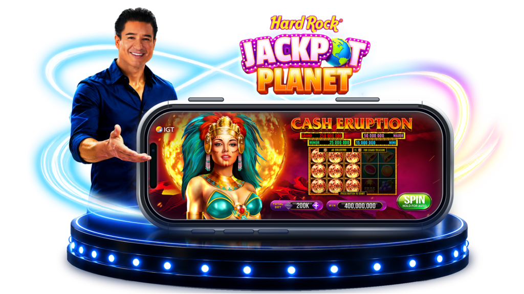Hard Rock Jackpot Planet mobile app with Mario Lopez and Cash Eruption gameplay