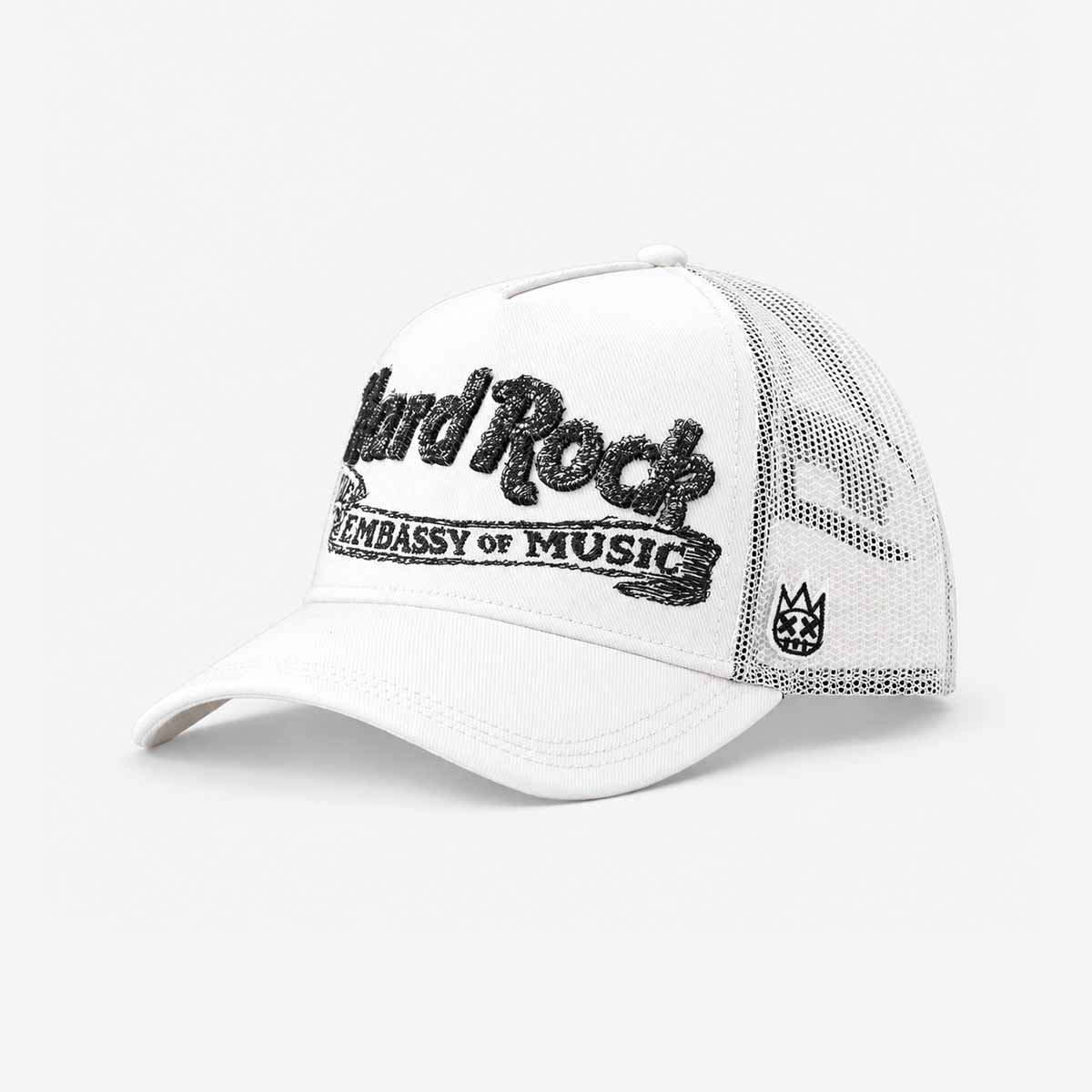Hard Rock x Cult Banner Motto Mesh Trucker Hat in Winter White image number 3