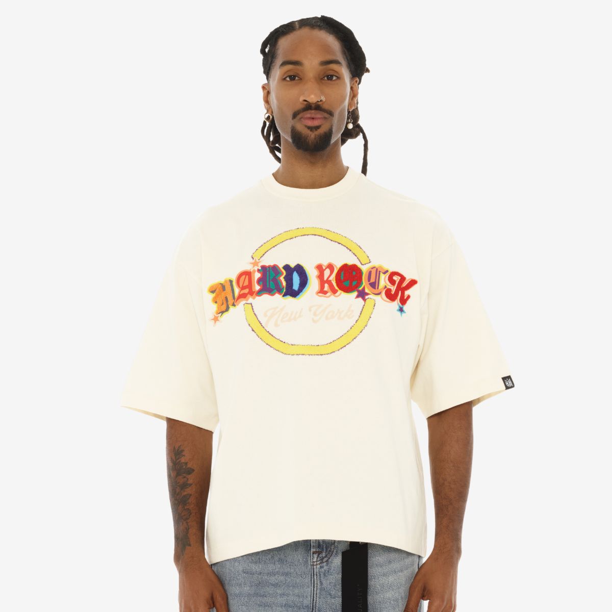 Hard Rock x Cult Chenille Logo Boxy Oversized Tee in Winter White image number 1